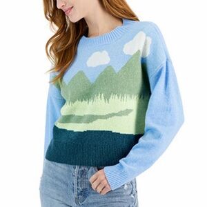 Sugar Moon Blue Landscape Knit Cottage Whimsical Crewneck Long Sleeve Sweater S